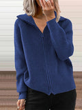 Women's Cardigan Sweater Jumper Ribbed Knit Zipper Solid Color Shirt Collar Stylish Casual Daily Going out Fall Winter White Blue S M L