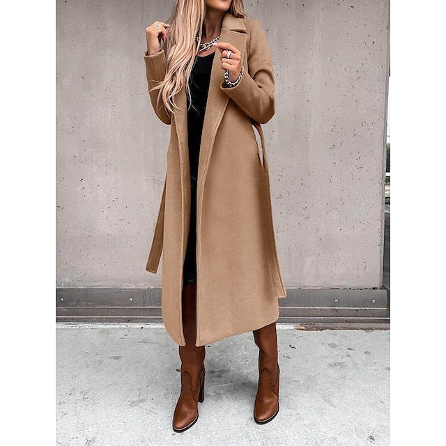 Women's Coat Work Street Shopping Fall Winter Long Coat Regular Fit Warm Breathable Comtemporary Stylish Formal Jacket Long Sleeve Plain with Pockets With Belt Black White Yellow