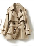 Women's Trench Coat Fall Double Breasted Long Trench Coat with Pockets Windproof Classic Lapel Slim Coat with Belt Black Khaki