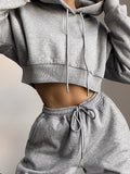 Women's Crop Top Hoodie Tracksuit Brown Gray Solid Color Patchwork Drawstring Hooded S M L XL XXL