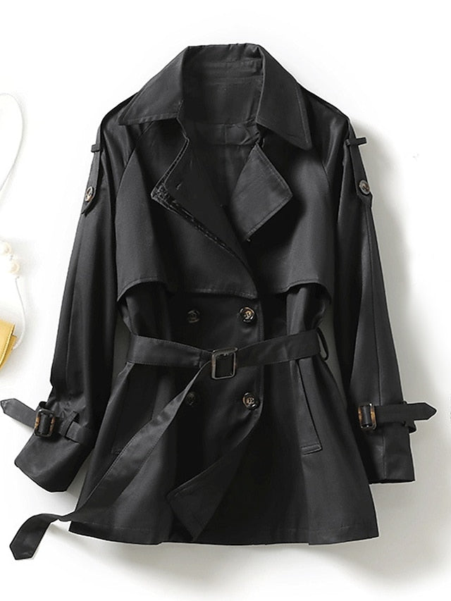 Women's Trench Coat Fall Double Breasted Long Trench Coat with Pockets Windproof Classic Lapel Slim Coat with Belt Black Khaki