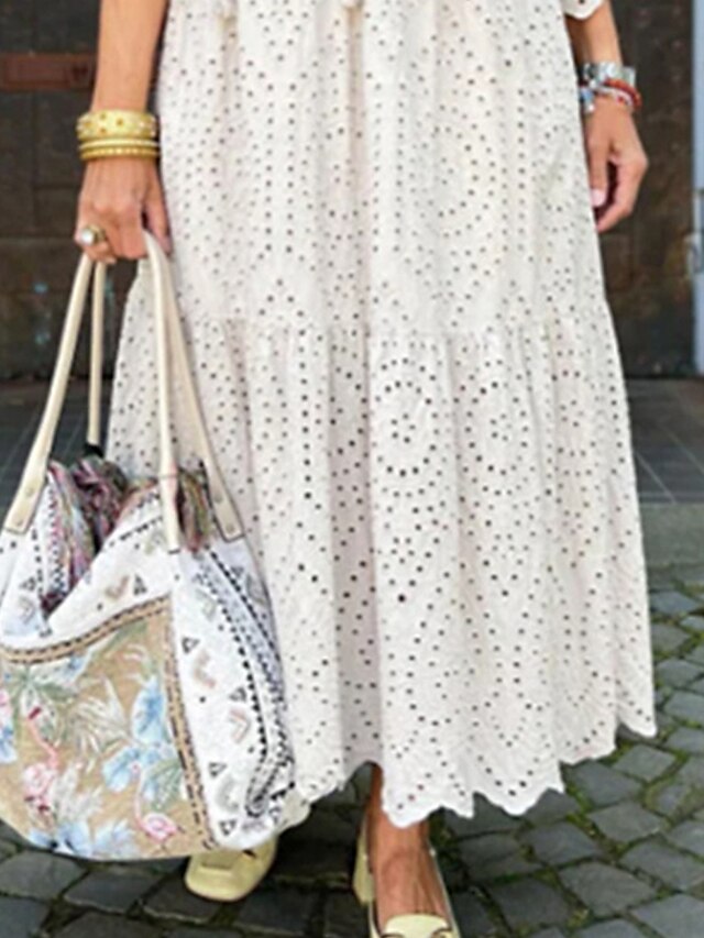 Women's Casual Dress Swing Dress White Dress Long Dress Maxi Dress Eyelet Daily Holiday Vacation Fashion Classic V Neck 3/4 Length Sleeve 2023 Loose Fit White Color S M L XL XXL Size