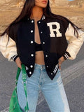 Women's Bomber Jacket Fall Baseball Jacket Workout Gym Button Color Block Breathable Streetwear Regular Fit Outerwear Long Sleeve Black S