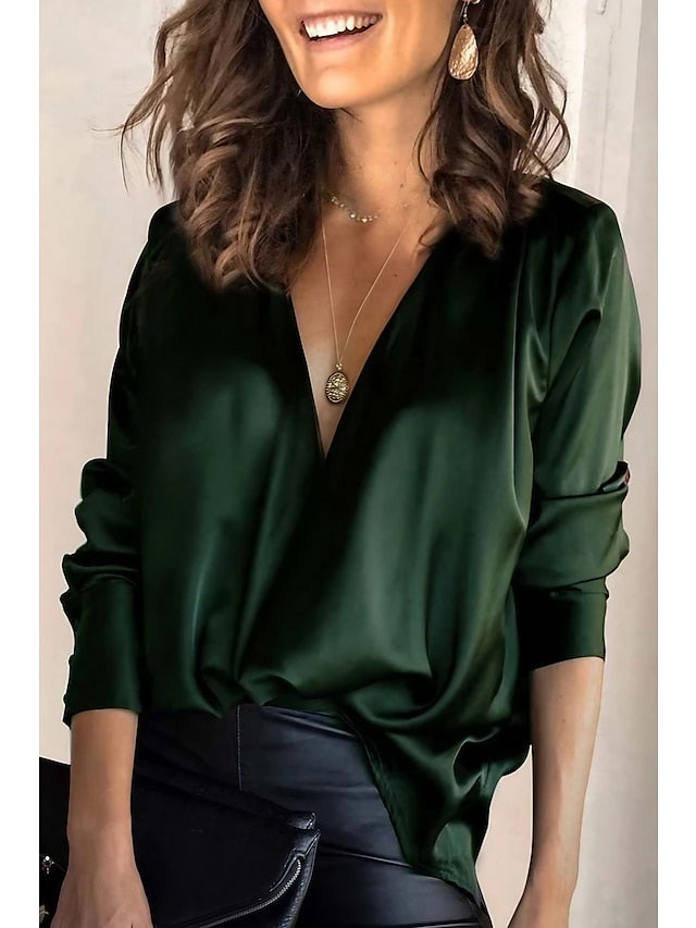 Women's Shirt Blouse Wine Green Plain Long Sleeve Daily Weekend Basic Casual V Neck Regular S