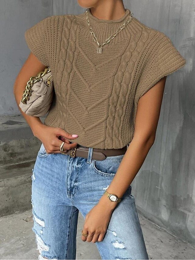 Abebey Women's Sweater Vest Jumper Chunky Knit Braided Solid Color Turtleneck Stylish Casual Outdoor Daily Fall Spring White Khaki
